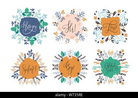 Abstrakte natur blumen Frames mit Platz für Ihren Text einstellen. Hand mit Pinsel und Tusche gezeichnet. Im skandinavischen Stil Abbildung. Vektor. Stock Vektor