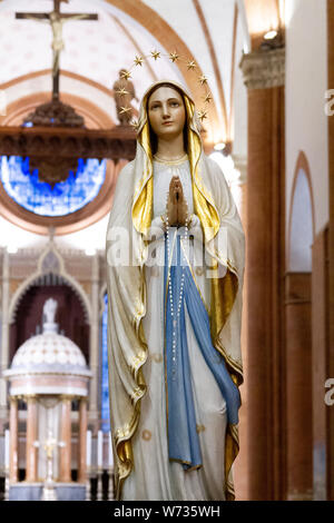 Die Statue Unserer Lieben Frau von Lourdes in der 'Santa Maria del Carmine" Kirche (Hl. Maria von Karmel) in Pavia. Stockfoto