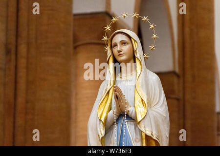 Die Statue Unserer Lieben Frau von Lourdes in der 'Santa Maria del Carmine" Kirche (Hl. Maria von Karmel) in Pavia. Stockfoto