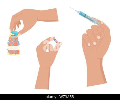Hand hält die Pille und Spritze, öffnen Sie Pillen Flasche Symbol auf weißem Hintergrund. Vector Illustration in einem flachen Stil. Stock Vektor