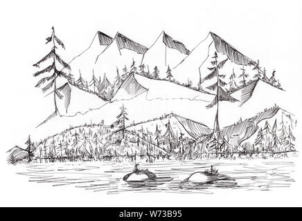 Skizze der wilden Landschaft mit Bergen Hügel und den Fluss, handgezeichnete Illustrationen von Tinte Stockfoto