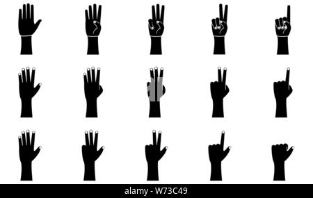 Gesten der Hand Symbole in Glyph Stil. Handfläche und Handgelenk. Eins, zwei, drei, vier, fünf Finger Vector Illustration auf weißem Hintergrund Stock Vektor