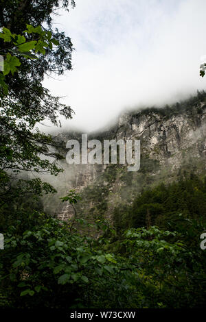 Nebel hängt in den Bergen Stockfoto