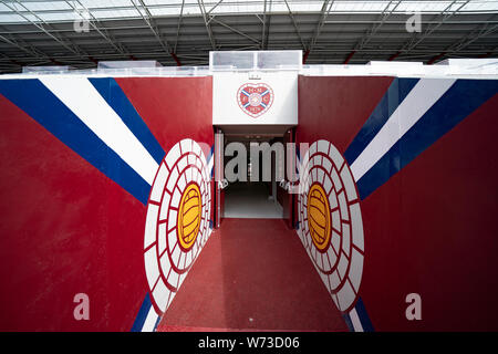 Innenansicht Tunnel bei Tyncastle Stadion die Heimat von Herzen Football Club in Edinburgh, Schottland, Großbritannien Stockfoto