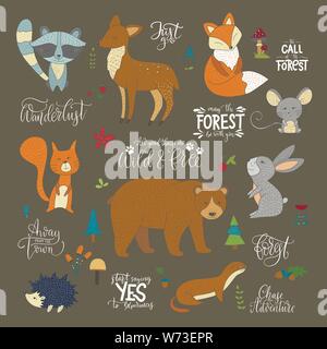 Satz von Hand gezeichnet cute Wald Tiere und Schrift zitiert. Vektorgrafiken mit Waschbären, Eichhörnchen, Hase, Maus, Bär, Fuchs, Rehe, Igel und wir Stock Vektor