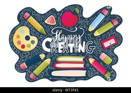 Vektor Schule Karte mit Flach- und doodle Illustrationen und handgezeichneten Schriftzug Zitat. Zurück zu Schule. Gerne erstellen Postkarte mit verschiedenen Verbrauchsmaterialien. Stock Vektor