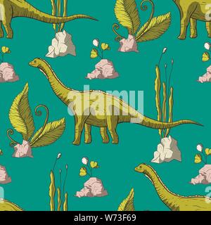 Diplodocus Dinosaurier in ihrem Lebensraum. Jura- und Kreidezeit Tier. Prähistorische vector Dino nahtlose Muster. Stock Vektor