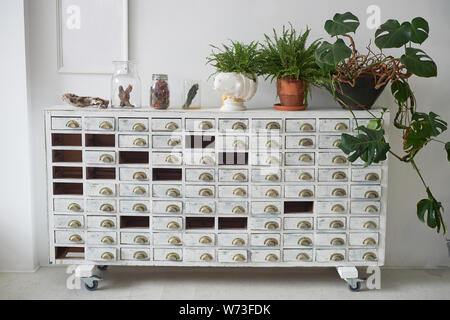 Weiß Aktenschrank im alten Stil. Mit fehlenden Schubladen. Auf der Oberseite sind Töpfe mit Blumen. Retro. Stockfoto