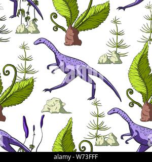 Compsognathus Dinosaurier nahtlose Muster. Jura- und Kreidezeit Tier. Prähistorische vector Dino nahtlose Muster. Stock Vektor