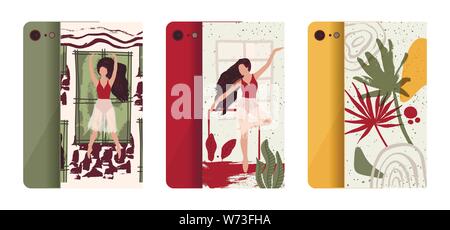 Abstract Vector Illustration. Flach und Hand gezeichnet Pinsel Tinte strukturierte Art Ballerina Handy case Cover Sammlung. Weibliche Eleganz tropischen Palmen, Natur und Tänzerin. Stock Vektor