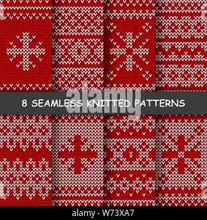 Set mit nahtlosen winter Muster. Rote und weiße gestrickte Hintergrund im skandinavischen Stil. Stock Vektor
