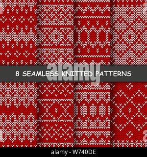 Set mit nahtlosen winter Muster. Rote und weiße gestrickte Hintergrund im skandinavischen Stil. Stock Vektor