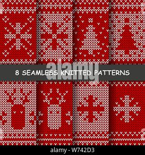 Set mit nahtlosen winter Muster. Rote und weiße gestrickte Hintergrund im skandinavischen Stil. Stock Vektor