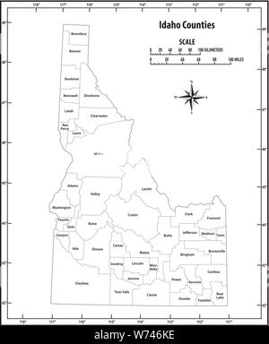 Idaho State Umrisse administrative und politische Vektorkarte in Schwarz und Weiß Stock Vektor