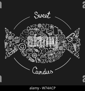 Satz von candys, Kuchen, Süßigkeiten, Eis und Desserts in doodle Stil. Handgezeichnete Vektorgrafiken. Abbildung: Isolierte süsse bonbons eingestellt Stock Vektor