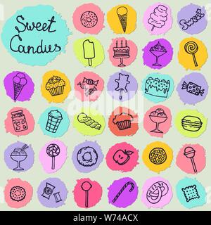 Icon-Set mit Kerzen, Kuchen, Süßigkeiten, Eis und Desserts im Doodle-Stil. Handgezeichnete Vektorgrafiken. Illustration von isolierten süßen Bonbons Set Stock Vektor
