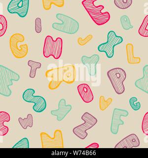 Nahtloser Hintergrund mit handgezeichneter Doodle Alphabet. Farbige Handschrift. Lustige Briefe. Muster mit gestreifter Schrift im Vintage-Stil. Vorlage für Design und Dekoration Stock Vektor