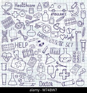 Hand Medizin Icon Set erstellt. Health Care doodle Symbole. Vektor doodle Illustrationen. Stock Vektor