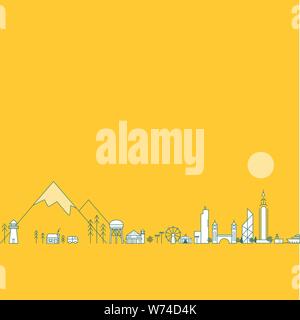 Von Küste zu Küste Abbildung mit einem Van, Gebäude, Berge und Bäume Stock Vektor