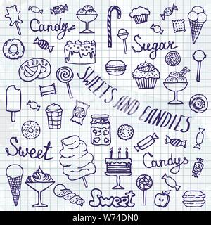 Satz von candys, Kuchen, Süßigkeiten, Eis und Desserts in doodle Stil. Handgezeichnete Vektorgrafiken. Abbildung: Isolierte süsse bonbons eingestellt Stock Vektor