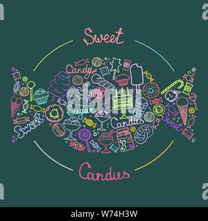 Satz von Süßigkeiten, Kuchen, Süßigkeiten, Eis und Desserts in doodle Stil. Handgezeichnete Vektorgrafiken. Abbildung: Isolierte süsse bonbons eingestellt Stock Vektor
