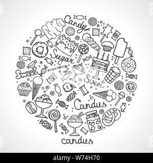 Satz von Süßigkeiten, Kuchen, Süßigkeiten, Eis und Desserts in doodle Stil. Handgezeichnete Vektorgrafiken. Abbildung: Isolierte süsse bonbons eingestellt Stock Vektor