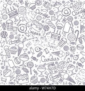 Nahtloses Muster mit Süßigkeiten, Kuchen, Süßigkeiten, Eis und Desserts im Doodle-Stil. Handgezeichnete Vektorgrafiken. Süßer Hintergrund. Bonbons Hintergrund Stock Vektor