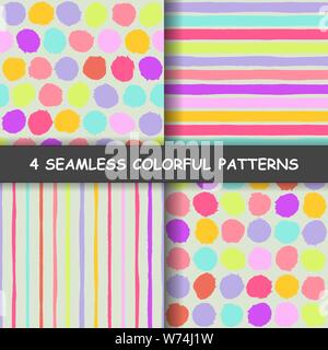 Satz von vier bunte nahtlose Hand gezeichnete grafische Muster, die mit einer punktierten und Streifen. Polka gepunkteten Muster. Gestreiften Hintergrund. Im Vektor gemacht Stock Vektor