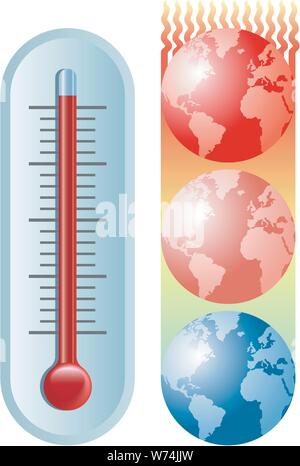 Eine Abbildung von einem Thermometer und der Planet Erde in Richtung heißer und heißer Temperaturen. Stock Vektor