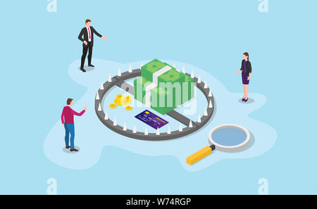 Geld trap Konzept mit Köder und Geschäftsmann Analyse mit Bargeld und Kreditkarte mit isometrischen modern-Vector Illustration Stockfoto