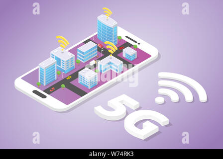 5G-Netzwerk auf smart city Gebäudetechnik mit Wifi Signal auf Smartphone mit isometrischen modern-Vector Illustration Stockfoto