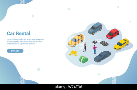 Autovermietung Business Konzept mit verschiedenen Autos Modell und Papier Vertrag beim Team Menschen mit modernen isometrische Stil für Website Vorlage oder Landung ho Stockfoto