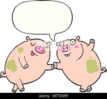 Cartoon Schweine tanzen mit Sprechblase Stock Vektor