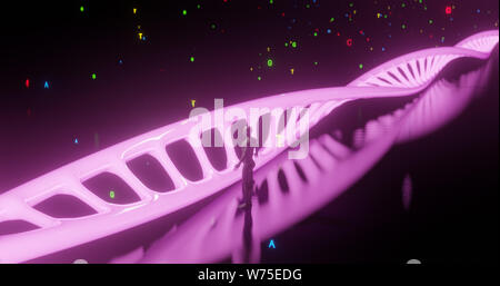 Neon leuchtenden DNA mit menschliche Silhouette und regnet DNA Proteine Konzept Adenin, Thymin, Guanin, Cytosin, Proteine, 3D-Rendering Stockfoto