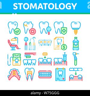 Stomatologie Sammlung Vektor dünne Linie Symbole gesetzt Stock Vektor