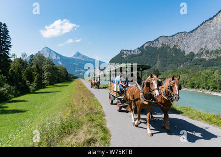 Maienfeld GR/Schweiz - 4. August 2019: Pferd und Wagen sightseeing Tour entlang des Rheins und Maienfeld in den Schweizer Alpen Stockfoto