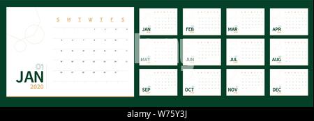 Vector 2020 neue Jahr Kalender planer Vorlage im minimal Tabelle schlicht Grün und Gold Farbe, Ökologie Holiday Event Planner, Woche beginnt Sonntag. 12 Stock Vektor