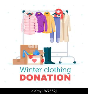Winter warme Kleidung spende Flachbild Vector Illustration. Billig und kostenlos saisonale Kleidungsstück. Second Hand Shop, Flohmarkt waren. Oberbekleidung, Mantel, Pullover Stock Vektor