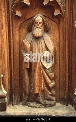 Holz-, Carving, St. Bartholomäus, Kirche der Heiligen Dreifaltigkeit Blythburgh Suffolk, Großbritannien. Stockfoto