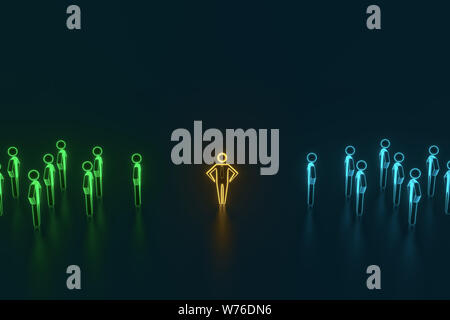 Auf der Suche nach bunten Bauern. Auswahl und Suche nach einem Mitarbeiter oder Kunden. 3D-Rendering Stockfoto