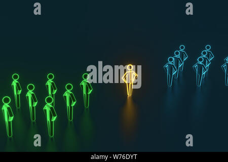 Auf der Suche nach bunten Bauern. Auswahl und Suche nach einem Mitarbeiter oder Kunden. 3D-Rendering Stockfoto