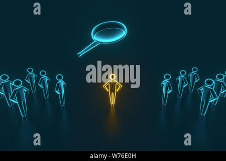 Auf der Suche nach bunten Spielfiguren mit Lupe auf der reflektierenden Schreibtisch. Auswahl und Suche nach einem Mitarbeiter oder Kunden. 3D-Rendering Stockfoto