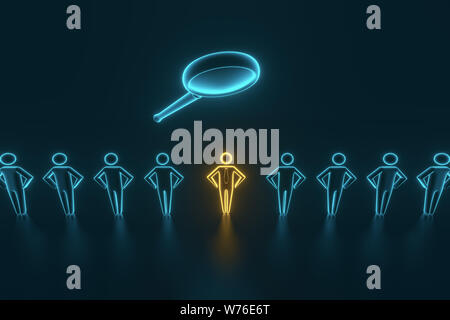 Auf der Suche nach bunten Spielfiguren mit Lupe auf der reflektierenden Schreibtisch. Auswahl und Suche nach einem Mitarbeiter oder Kunden. 3D-Rendering Stockfoto