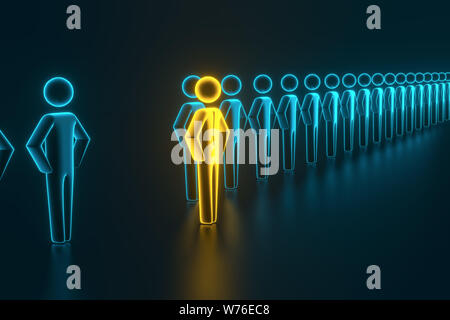 Auf der Suche nach bunten Bauern. Auswahl und Suche nach einem Mitarbeiter oder Kunden. 3D-Rendering Stockfoto