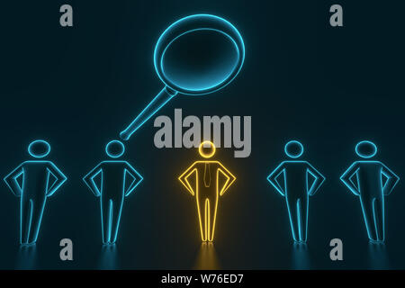 Auf der Suche nach bunten Spielfiguren mit Lupe auf der reflektierenden Schreibtisch. Auswahl und Suche nach einem Mitarbeiter oder Kunden. 3D-Rendering Stockfoto