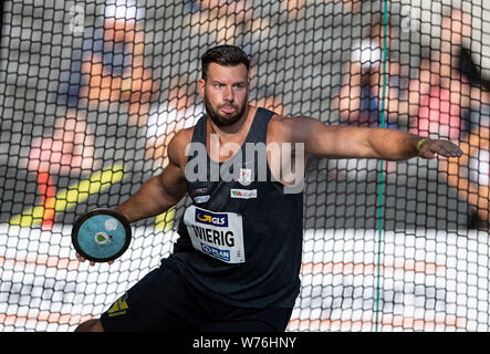 Sieger Martin Wierig (Sportclub Magdeburg/Platz 1), Aktion, endgültige Diskuswerfen der Männer auf 03.08.2019 Deutsche Leichtathletik Meisterschaften 2019, vom 03.08. - 04.08.2019 in Berlin/Deutschland. | Verwendung weltweit Stockfoto