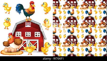 Nahtlose Hintergrund Design mit Hühnern und Scheune Abbildung Stock Vektor