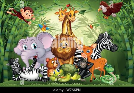Viele süße Tiere im Bambuswald Abbildung Stock Vektor