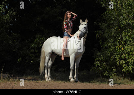 Schöne cowgirl Bareback ihr Pferd im Wald Lichtung bei Sonnenuntergang Stockfoto