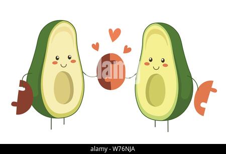 Isolierte vector Abbildung von zwei Cartoon avocado Helden in Liebe avocado Grube zusammenhalten. Valentinstag Vektor cartoon Obst Charakter mit Stock Vektor